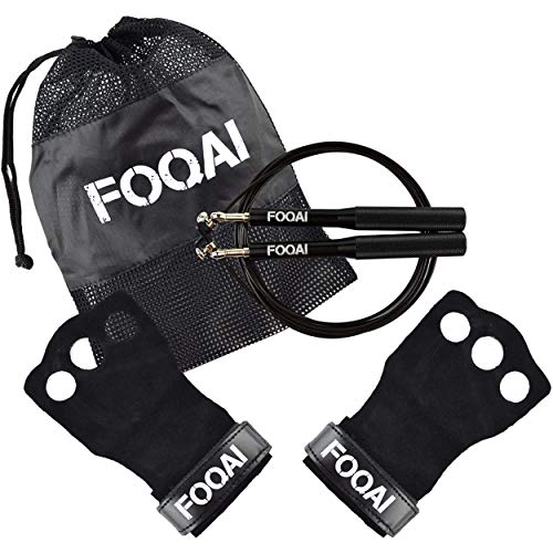 FOQAI - Pack de manoplas Crossfit de piel suave + cuerda de saltar 360 ajustable para hombres, mujeres y niños. Accesorios y guante de musculación, gimnasia y Crossfit, pack de arranque, mejor agarre. FOQAI - Pack de manoplas Crossfit de piel suave + cuerda de saltar 360 ajustable para hombres, mujeres y niños. Accesorios y guante de musculación, gimnasia y Crossfit, pack de arranque, mejor agarre.