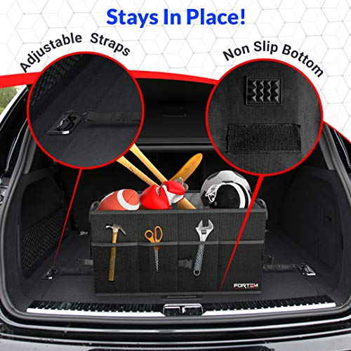 FORTEM Organizador de Maletero para Coche, Caja de Almacenamiento Plegable con Compartimentos, Base Antideslizante, Correas, Bolsillos (Negro, Solo Organizador)