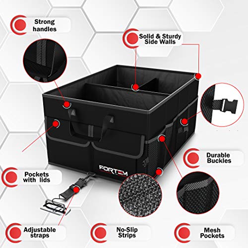 FORTEM Organizador de Maletero para Coche, Caja de Almacenamiento Plegable con Compartimentos, Base Antideslizante, Correas, Bolsillos (Negro, Solo Organizador)