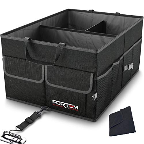 FORTEM Organizador de Maletero para Coche, Caja de Almacenamiento Plegable con Compartimentos, Base Antideslizante, Correas, Bolsillos (Negro, Solo Organizador)