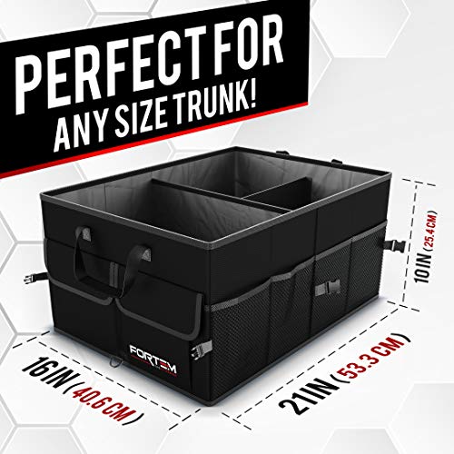 FORTEM Organizador de Maletero para Coche, Caja de Almacenamiento Plegable con Compartimentos, Base Antideslizante, Correas, Bolsillos (Negro, Solo Organizador)