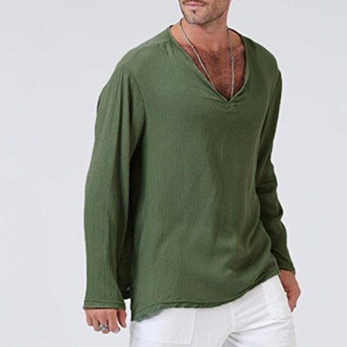 Fossen Camisas de para Hombre de Sabana de Algodon, Camiseta de Hippie, Cuello en V, Playa, Yoga, de Manga Larga Blusa de Arriba (L, Verde)