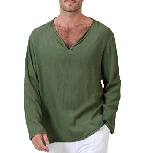 Fossen Camisas de para Hombre de Sabana de Algodon, Camiseta de Hippie, Cuello en V, Playa, Yoga, de Manga Larga Blusa de Arriba (L, Verde)