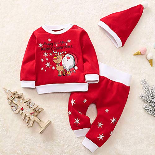 Fossen Kids - Pijamas Casero de Recién Nacido Bebé Navidad, Sudadera Tops Impresión de Santa Claus + Pantalon + Sombrero 3 PC