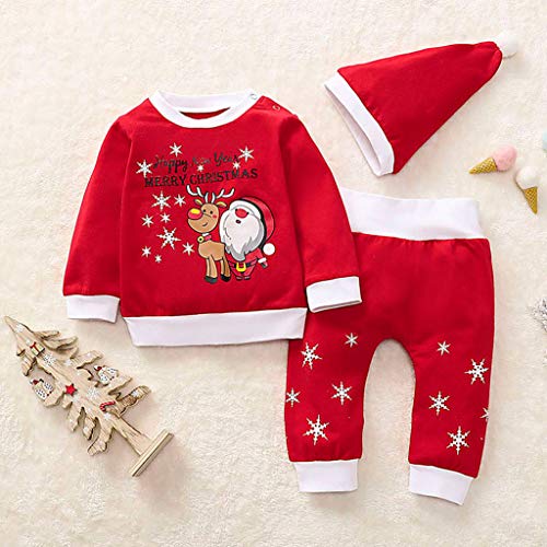 Fossen Kids - Pijamas Casero de Recién Nacido Bebé Navidad, Sudadera Tops Impresión de Santa Claus + Pantalon + Sombrero 3 PC