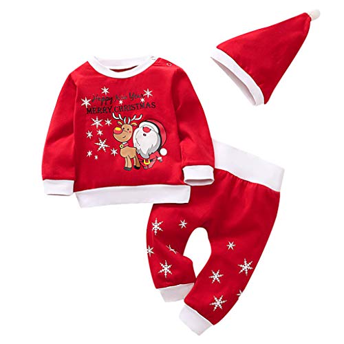 Fossen Kids - Pijamas Casero de Recién Nacido Bebé Navidad, Sudadera Tops Impresión de Santa Claus + Pantalon + Sombrero 3 PC