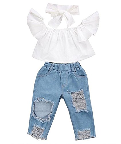 Fossen NiƱa Ropa Verano 1-5 aƱos NiƱa Camiseta Sin Tirantes Y Vaqueros Rotos con Banda de Pelo (18 Meses, Blanco) Fossen NiƱa Ropa Verano 1-5 aƱos NiƱa Camiseta Sin Tirantes Y Vaqueros Rotos con Banda de Pelo (18 Meses, Blanco)