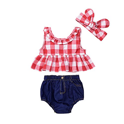 Fossen Ropa Bebe Niña Verano Recien Nacido Bebé Tops de Cuadros Y Caqueros Corto con Banda de Pelo (18 Meses, Rojo) Fossen Ropa Bebe Niña Verano Recien Nacido Bebé Tops de Cuadros Y Caqueros Corto con Banda de Pelo (18 Meses, Rojo)