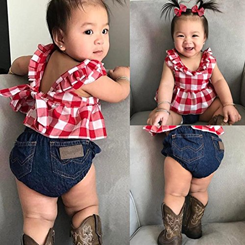 Fossen Ropa Bebe Niña Verano Recien Nacido Bebé Tops de Cuadros Y Caqueros Corto con Banda de Pelo (2 años, Rojo)