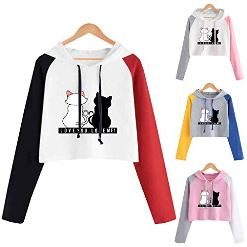 Fossen Sudaderas Mujer Tumblr Cortas Adolescentes Chicas - Casual Juveniles Camiseta con Capucha - Deportivo Tops de Estampada Gato