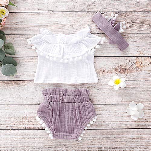 Fossen Verano Ropa Bebe Niña Monos de Volantes con Borla + + Pantalón Corto + Banda de Pelo para 0-24 Meses Recien Nacido Bebé (0-6 Meses, Morado)