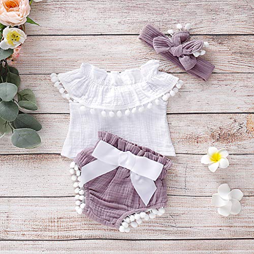 Fossen Verano Ropa Bebe Niña Monos de Volantes con Borla + + Pantalón Corto + Banda de Pelo para 0-24 Meses Recien Nacido Bebé (0-6 Meses, Morado)