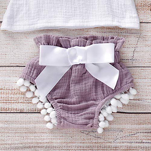 Fossen Verano Ropa Bebe Niña Monos de Volantes con Borla + + Pantalón Corto + Banda de Pelo para 0-24 Meses Recien Nacido Bebé (6-12 Meses, Morado)