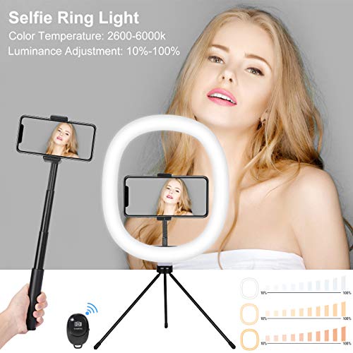 Fostoy Ring Light, Anillo de Luz para Selfies con Trípode Versátil y Soporte para Teléfono, con 3 Colores y 10 Niveles de Brillo para Videos de Youtube, Tiktok, Maquillaje (12inch)