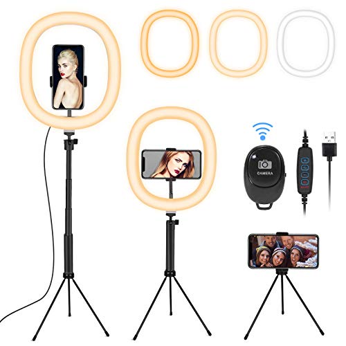 Fostoy Ring Light, Anillo de Luz para Selfies con Trípode Versátil y Soporte para Teléfono, con 3 Colores y 10 Niveles de Brillo para Videos de Youtube, Tiktok, Maquillaje (12inch)