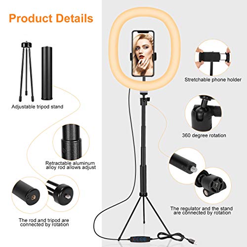 Fostoy Ring Light, Anillo de Luz para Selfies con Trípode Versátil y Soporte para Teléfono, con 3 Colores y 10 Niveles de Brillo para Videos de Youtube, Tiktok, Maquillaje (12inch)