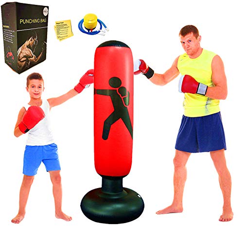 FOYOCER Saco de Boxeo Hinchable de Niños Saco de Arena Inflable de Pie para Practicar Karate MMA Bolsa de Boxeo Fitness para Nniños 61”(Bomba de Aire & Pegatinas de Reparación Incluidas) (Rojo)