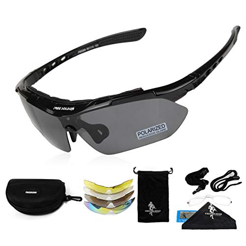 FREE SOLDIER Gafas Ciclismo Hombre Gafas tácticas Militares Gafas Motocross anti-UV400 Gafas de Sol polarizadas 5 en 1 para MTB Airsoft Correr, Pescar, Conducir, Deportes al Aire Libre(Negro)