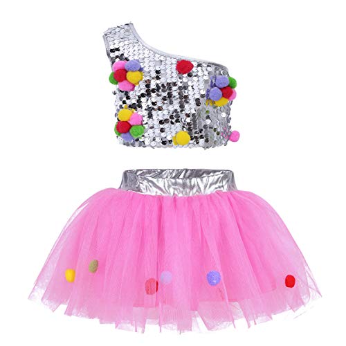 Freebily 3Pcs Vestido de Danza Ballet con Lentejuelas para Escenario Vestuario de Espectáculo con Un Top Brillo+Tutú Falda Niñas 2-10 Años Silver&Pink 5-6 Años