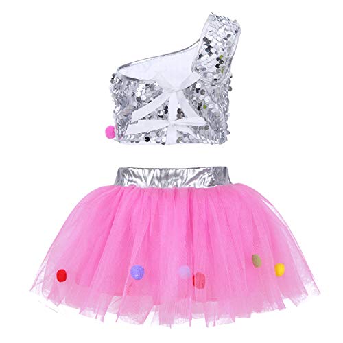 Freebily 3Pcs Vestido de Danza Ballet con Lentejuelas para Escenario Vestuario de Espectáculo con Un Top Brillo+Tutú Falda Niñas 2-10 Años Silver&Pink 5-6 Años