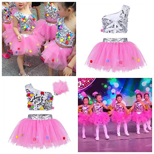 Freebily 3Pcs Vestido de Danza Ballet con Lentejuelas para Escenario Vestuario de Espectáculo con Un Top Brillo+Tutú Falda Niñas 2-10 Años Silver&Pink 5-6 Años