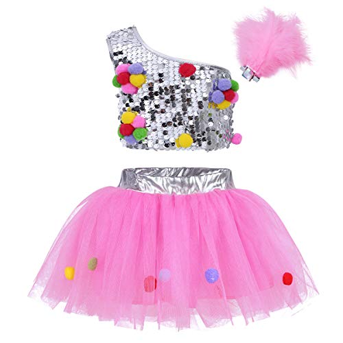 Freebily 3Pcs Vestido de Danza Ballet con Lentejuelas para Escenario Vestuario de Espectáculo con Un Top Brillo+Tutú Falda Niñas 2-10 Años Silver&Pink 5-6 Años