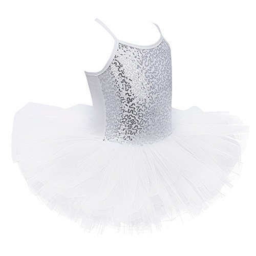 Freebily Maillot de Ballet Danza Vestido Algodón con Lentejuelas para Niña (2-12 años) Tutú Infantil Brillante Blanco A 7-8 años