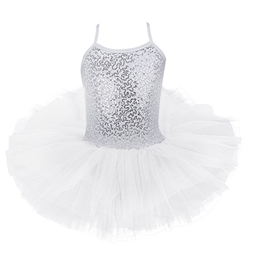 Freebily Maillot de Ballet Danza Vestido Algodón con Lentejuelas para Niña (2-12 años) Tutú Infantil Brillante Blanco A 7-8 años