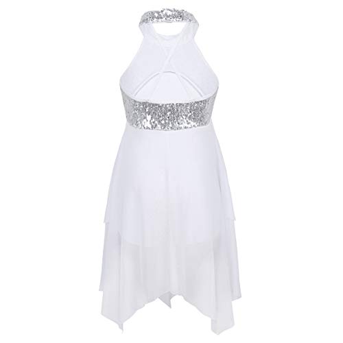 Freebily Maillot de Danza Ballet Niña Cuello de Halter con Lentejuelas Vestido Princesa para Danza Contemporánea Niñas Bailarinas Carnaval Fiesta Actuación Blanco 14 años