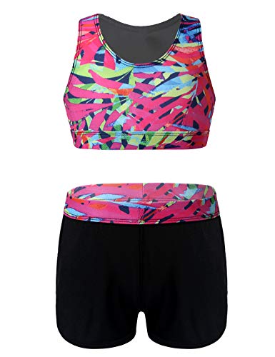 Freebily Ropa Deportiva de Danza para Niñas Tankini Conjunto Maillot de Gimnasia Rítmica Crop Top Pantalones Cortos Leotardo Yoga Fitness Multicolor 11-12 años