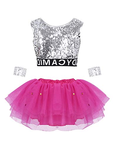 Freebily Vestido Baile de Ballet Niñas Elegante Maillot de Danza Ballet Patinaje Disfraz Bailarina Jazz Crop Top Verano Lentejuelas Tutú Falda Tul de Fiesta Actuación Rose Red 2-3 Años