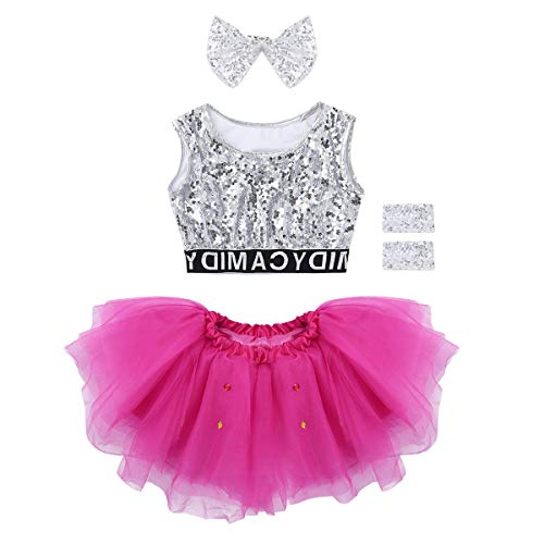 Freebily Vestido Baile de Ballet Niñas Elegante Maillot de Danza Ballet Patinaje Disfraz Bailarina Jazz Crop Top Verano Lentejuelas Tutú Falda Tul de Fiesta Actuación Rose Red 2-3 Años