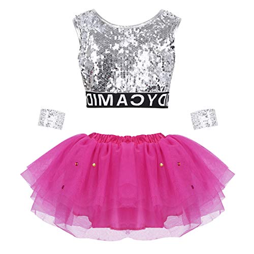 Freebily Vestido Baile de Ballet Niñas Elegante Maillot de Danza Ballet Patinaje Disfraz Bailarina Jazz Crop Top Verano Lentejuelas Tutú Falda Tul de Fiesta Actuación Rose Red 2-3 Años