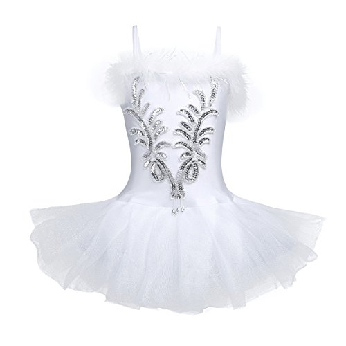 Freebily Vestido de Fiesta Actuación Maillot de Ballet Danza con Flor de Lentejuelas para Niña (4-12 años) Tutú Infantil + Guantes + Clip Blanco A 10-12 años