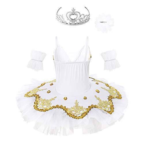 Freebily Vestido de Fiesta Actuación Maillot de Ballet Danza con Flor de Lentejuelas para Niña (4-12 años) Tutú Infantil + Guantes + Clip Blanco B 3-4 años