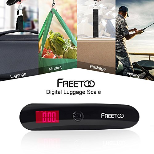 FREETOO Digital Balanza Báscula de Equipaje LCD Portátil Escala de Equipaje 110 lb/50 kg Capacidad Batería Incluida para Viajes Al Aire Libre (Versión Mejorada)