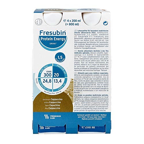 Fresenius Kabi - bebida energética Fresubin Protein Energy Drink sabor capuchino, 4 botellas de 200 ml, 1 paquete (1 x 1 kg)