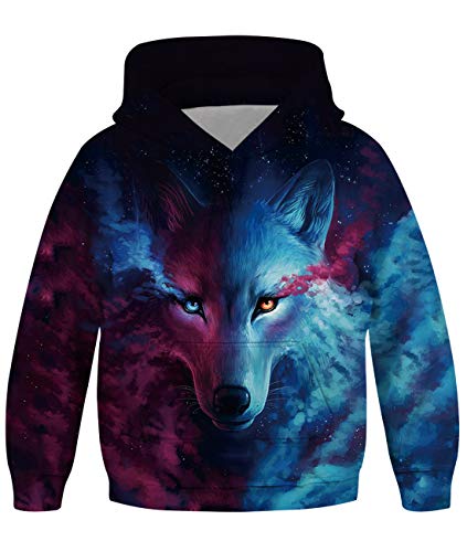 Freshhoodies Moda Diseño Sudadera con Capucha Fiestas Infantil Diseño 3D Lobo Impresión Sudadera Deportiva Casual para Niños 11-14 Años