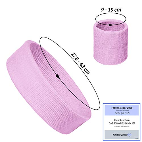 Freshkeychain Premium - Juego de cinta para el sudor (cinta para la frente antideslizante y 2 bandas para el sudor de alta calidad para la muñeca), rosa claro