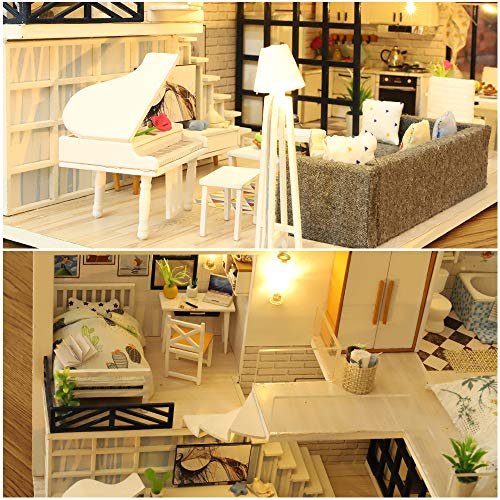 Fsolis Casa de Muñecas en Miniatura de Bricolaje con Mueble, Casa en Miniatura de Madera 3D con Cubierta Antipolvo y Movimiento Musical, Kit de Regalo Creativo de Casas para Muñecas-Happy Time