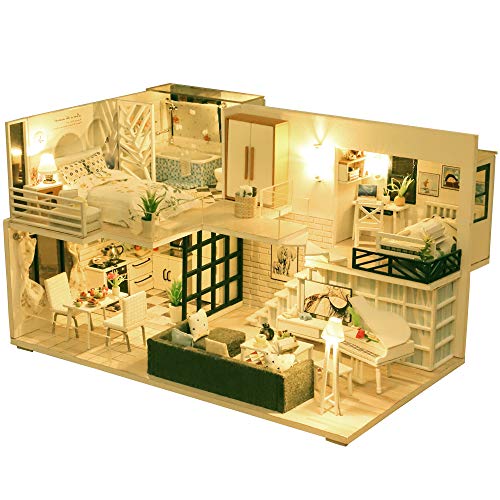 Fsolis Casa de Muñecas en Miniatura de Bricolaje con Mueble, Casa en Miniatura de Madera 3D con Cubierta Antipolvo y Movimiento Musical, Kit de Regalo Creativo de Casas para Muñecas-Happy Time