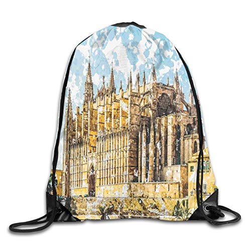 Fuliya Print Drawstring Backpack,Big Gothic Building Sea Shore Cathedral Of Palma De Mallorca View From Road,Beach Bag for Gym Shopping Sport Yoga