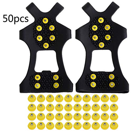 Fullbeing Ocho Crampones de 10 Clavos, puños Antideslizantes para Tacos de Hielo para Botas de Zapatos, 2 Pares (L)