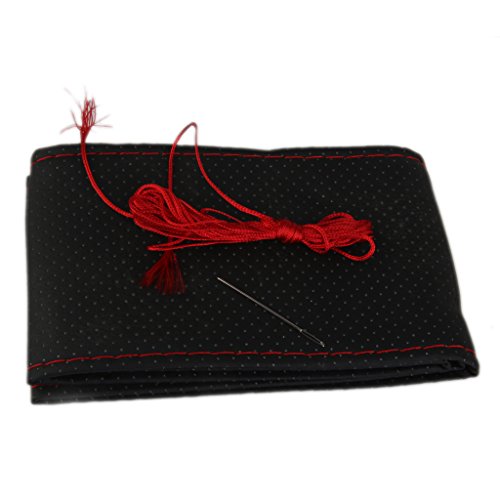 Funda Cubierta de Volante Coche Bricolaje Cuero Artificial Agujas Hilo Rojo Negro