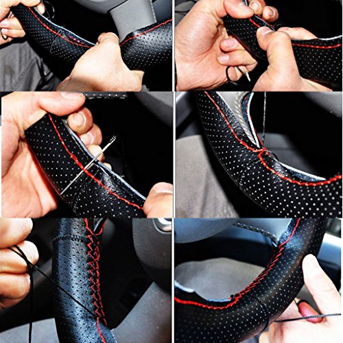 Funda Cubierta de Volante Coche Bricolaje Cuero Artificial Agujas Hilo Rojo Negro