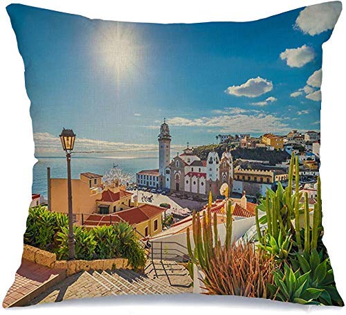 Funda de almohada Paisaje Candelaria España Ciudad de vacaciones en Ocean Square Tenerife Canarias Monumentos Parques Ropa de exterior para exteriores Cómoda funda de cojín para silla de coche Sofá Ca