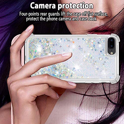 Funda Glitter Liquida con Cuerda para iPhone 7 Plus/ iPhone 8 Plus, Glitter Cristal Suave Silicona TPU Bumper Protector Carcasa, Brillante Arena Movediza con Colgante Ajustable Cordón Case -Oro Rosa