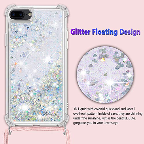 Funda Glitter Liquida con Cuerda para iPhone 7 Plus/ iPhone 8 Plus, Glitter Cristal Suave Silicona TPU Bumper Protector Carcasa, Brillante Arena Movediza con Colgante Ajustable Cordón Case -Oro Rosa