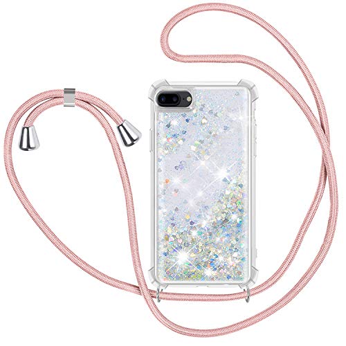 Funda Glitter Liquida con Cuerda para iPhone 7 Plus/ iPhone 8 Plus, Glitter Cristal Suave Silicona TPU Bumper Protector Carcasa, Brillante Arena Movediza con Colgante Ajustable Cordón Case -Oro Rosa