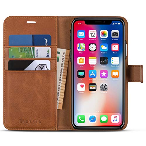 Funda iPhone XS/iPhone X Case Cartera Desmontable Marrón - KANVASA Piel Auténtica Premium 2 en 1 Tipo Libro Cierre Imán para Apple iPhone XS/X/10S/10 Original - Compatible con Carga Inalámbrica